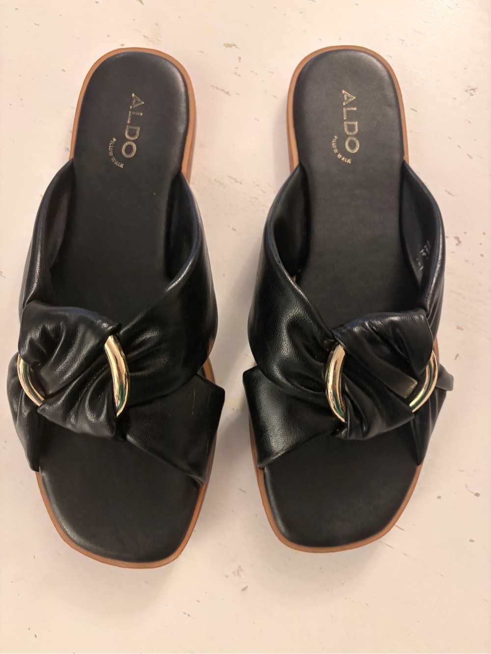 ALDO Black Leather Slide Sandals with Gold Ring Detail